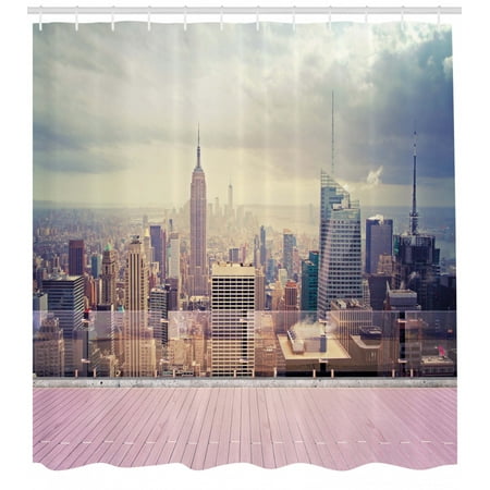 Flat Roof Balcony Ideas Modern Shower Curtain, New York City Usa Landscape from Roof Apartment Balcony Photograph Image, Fabric Bathroom Set with Hooks, 69W X 75L Inches Long, Grey White and Pink, by Ambesonne ()