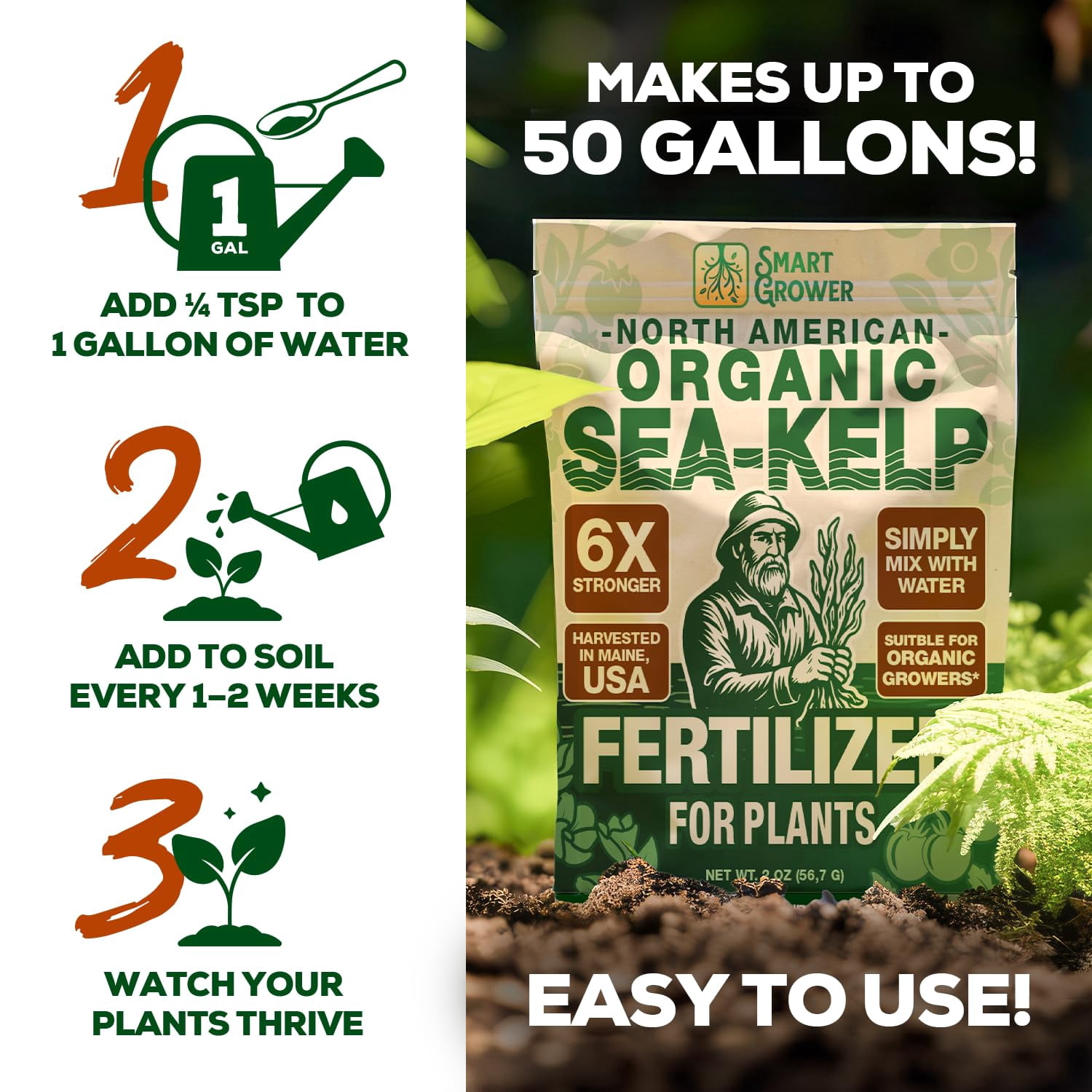 Organic Sea Kelp Fertilizer for Plants – Water-Soluble – Makes 50 Gallons – Kelp Meal Concentrate Plant Food – for Indoor Gardens, Hydroponics, Vegetables, Houseplants - - 2oz Bag