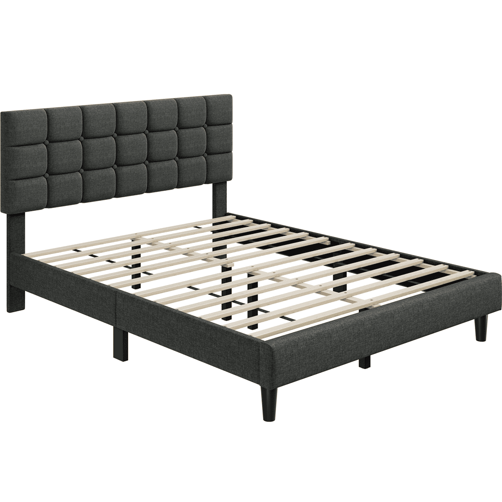 Renwick Upholstered Platform Bed with Square Tufted Headboard, Queen, Dark Gray