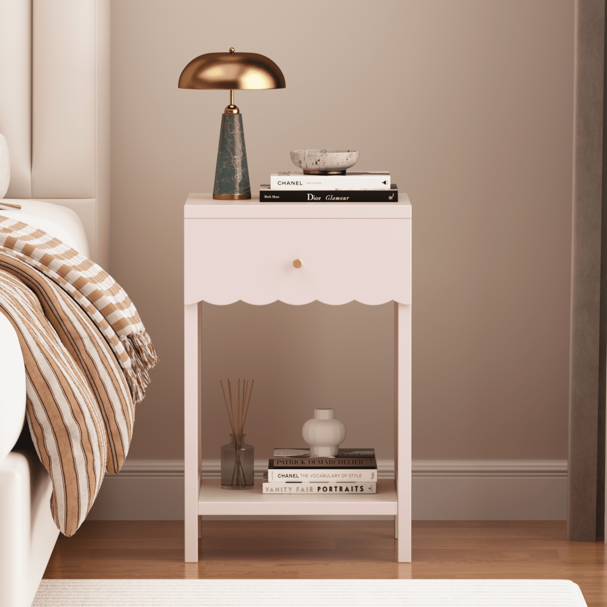 Pink Scalloped Nightstand with Drawer and Open Shelf Bedside End Table Kids Room Storage