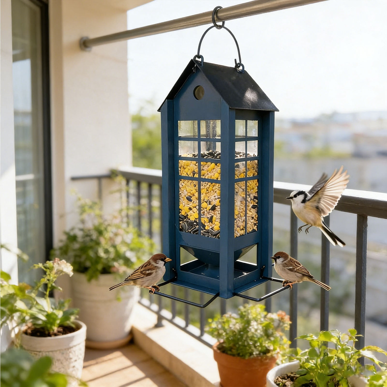 Iron Art Bird Feeder, Hanging Tray, Rust-Proof Mesh, Powder-Coated, 12.59x7.87x7.87in, for Garden/Courtyard Decor
