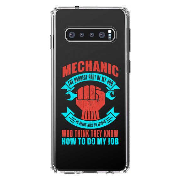 DistinctInk Clear Shockproof Hybrid Case for Samsung Galaxy S10  PLUS (6.4" Screen) - TPU Bumper Acrylic Back Tempered Glass Screen Protector - Mechanic Being Nice to Idiots