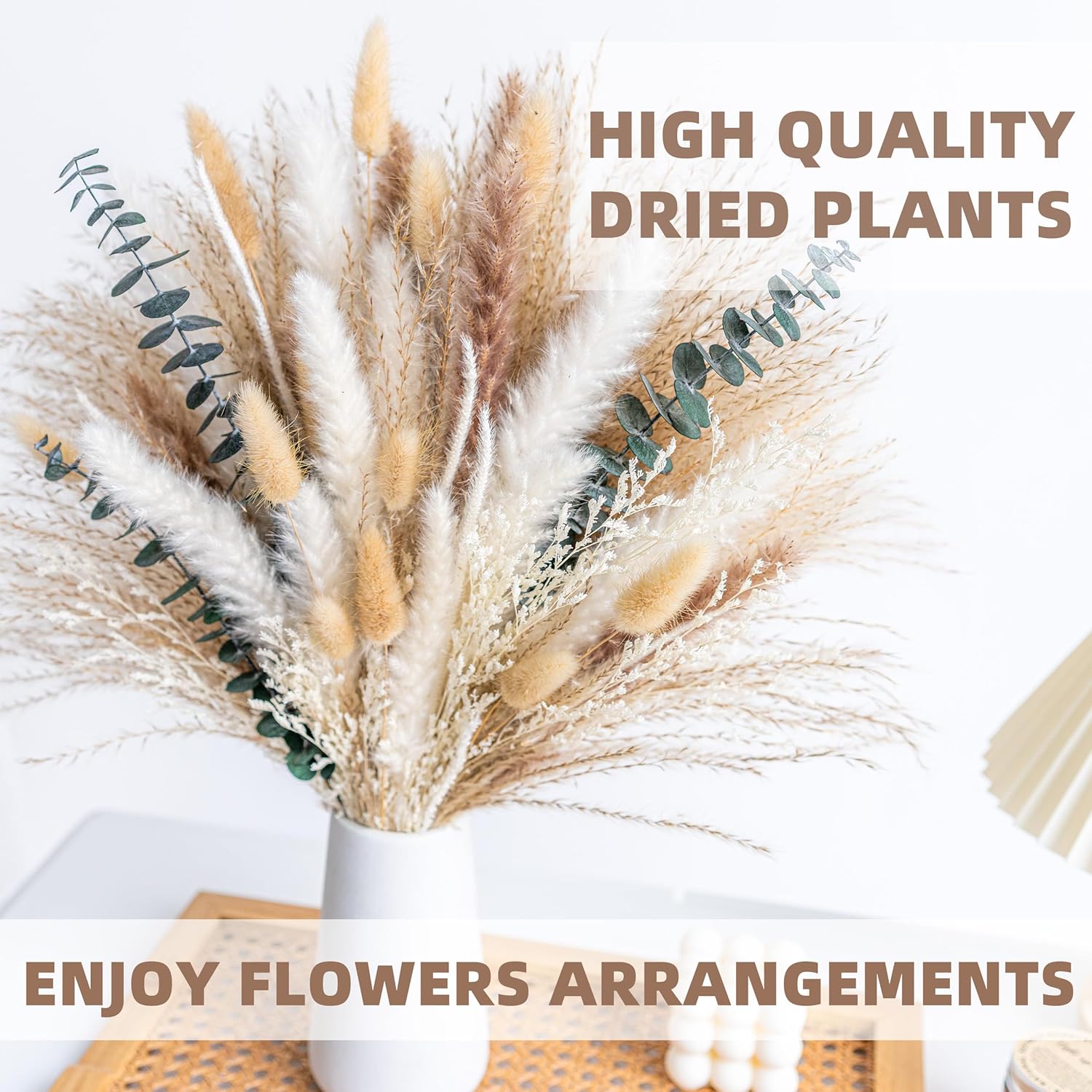 Boho Decor Bouquet Eucalyptus Pampas Grass Decor Dried Pampas Home Decor Dried Flowers Bouquet for Wedding Floral Arrangements Table,Home,Rustic,Farmhouse Decor(White&Green)