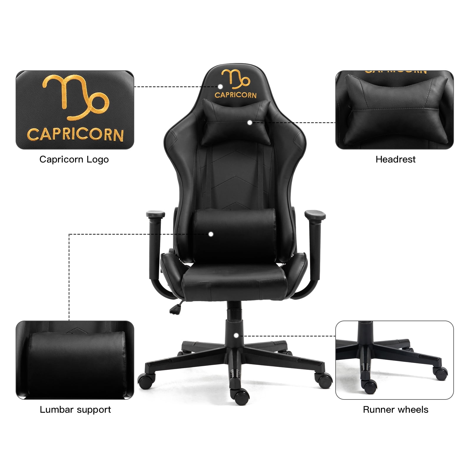 Gaming Chair with Zodiac Star Sign, Capricorn Astrology Logo Ergonomic Computer Chair with Headrest Lumbar Support Recliner Height Adjustable Swivel Office Desk Chair, Constellation