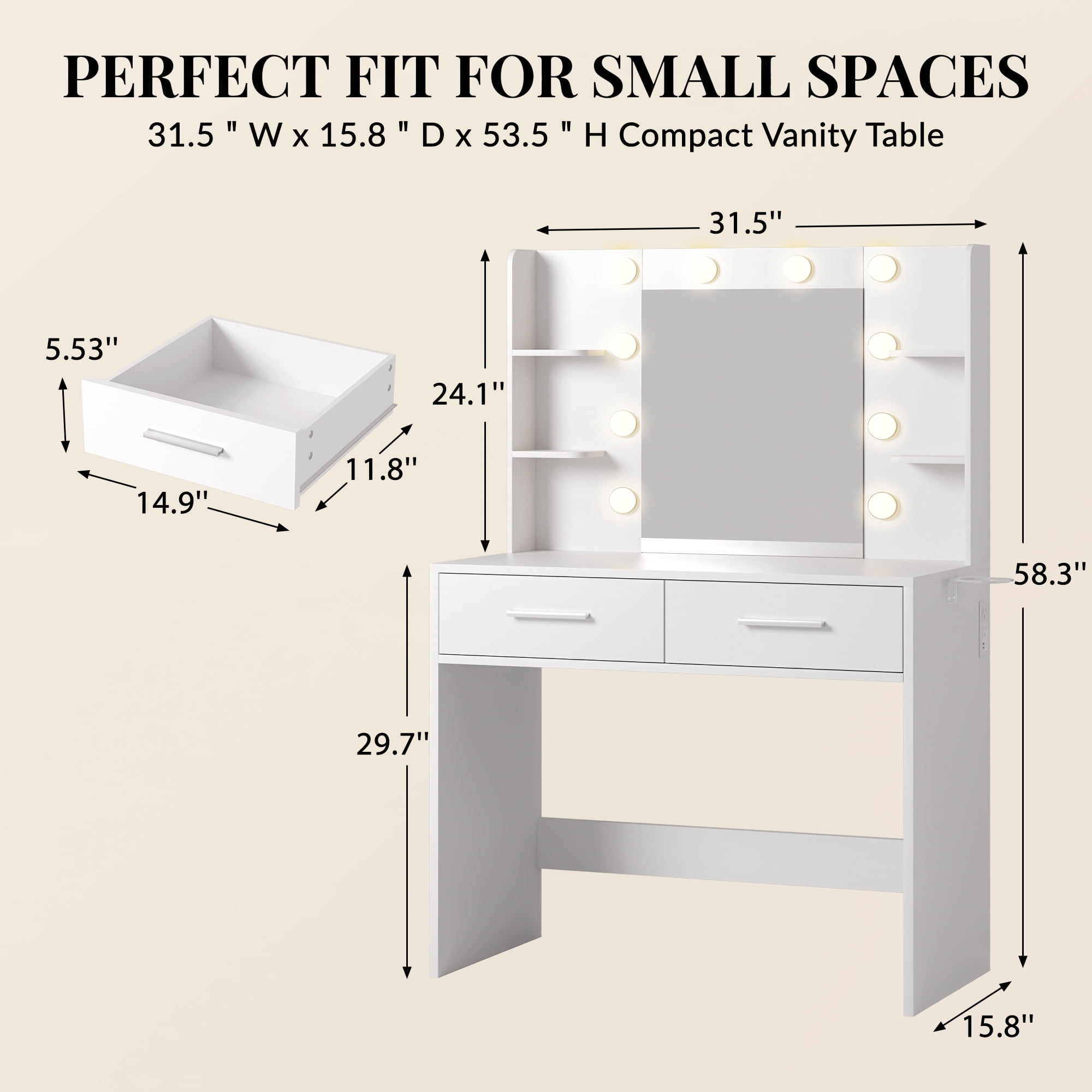 Homall Makeup Vanity Set with Mirror & 3 Modes Lights, Vanity Desk with Storage Drawers & Shelves, Vanity Table with Power Outlet for Bedroom Dressing Room, White