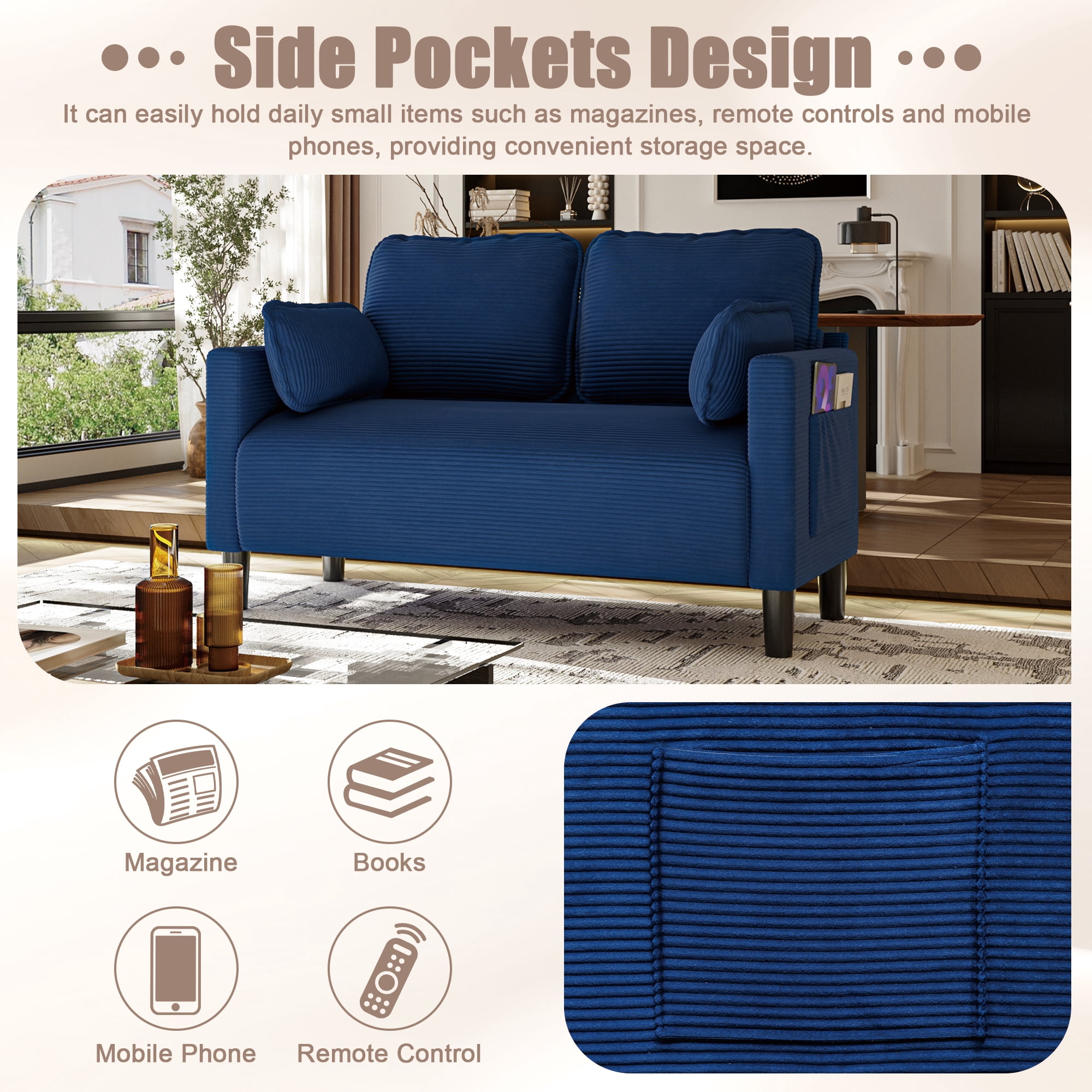 Leumius Corduroy Loveseat Couch,48" W Upholstered 2 Seater Sofa with Side Storage Pocket,Modern Small Sofa Couches for Small Spaces,Apartement,Blue