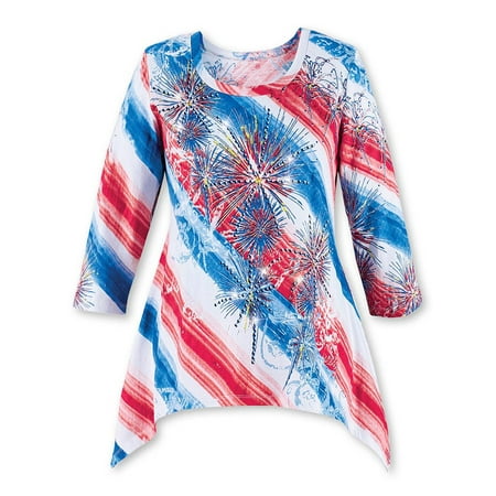Sequined Tube Top Women's Diagonal Striped Starburst Sequin Fireworks Scoop Neck Top with 3/4 Sleeves - Festive Patriotic Shirt, Large, White Multi ()