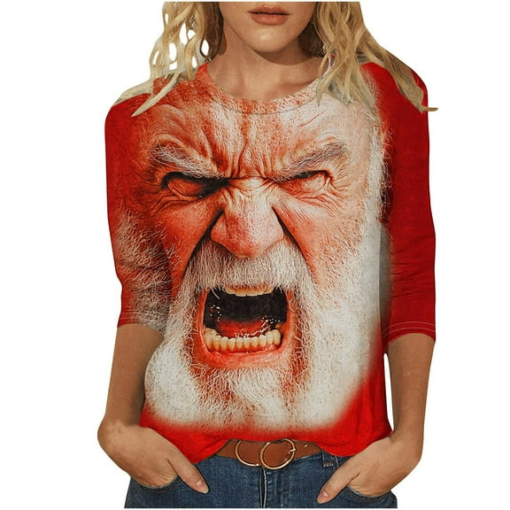 NTACZA Ugly Christmas Ladies Tops Loose Fitting 3/4 Sleeve Red Funny Graphic Fall Blouses T-Shirts for Women L