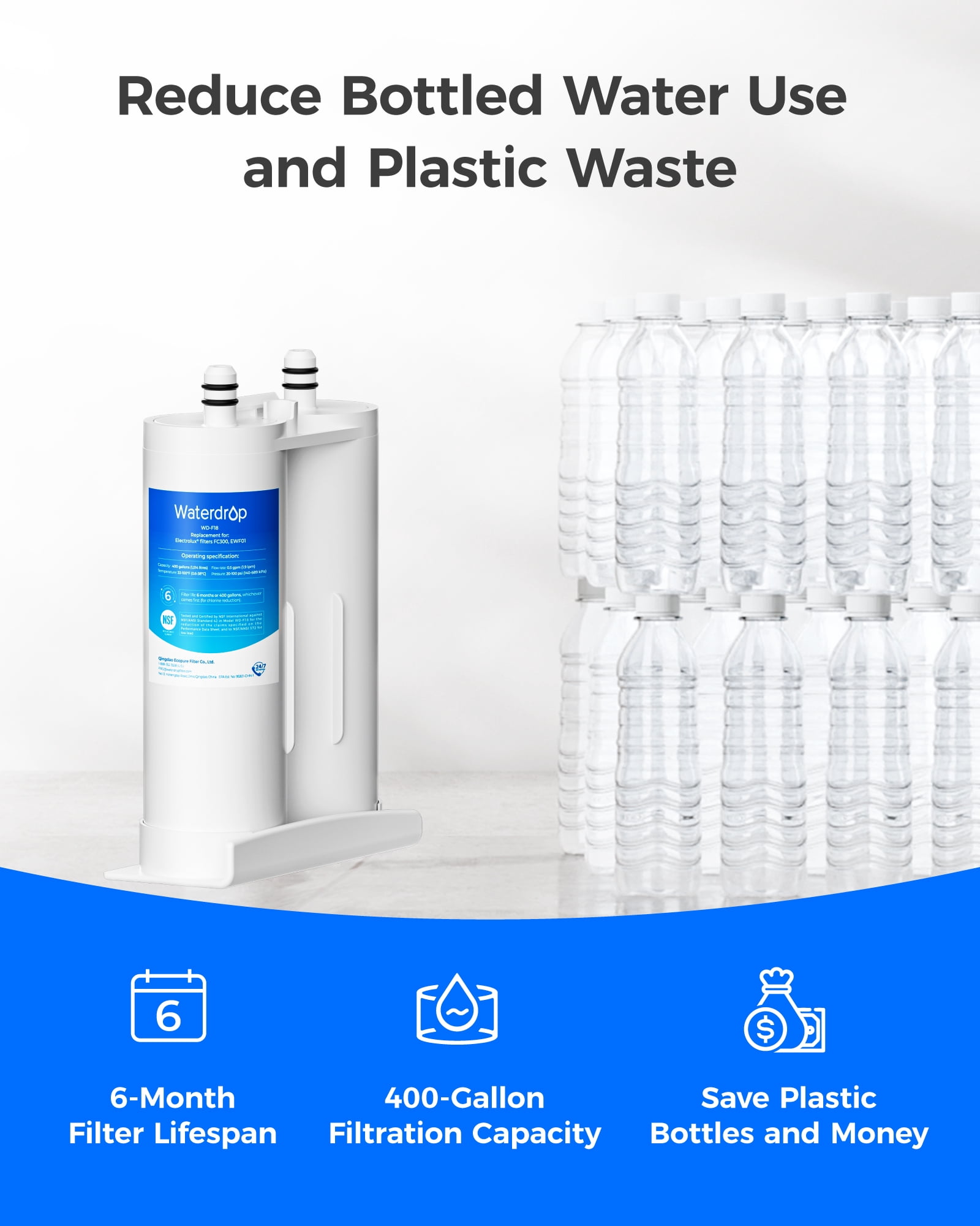 Waterdrop Replacement for EWF01®, FC-300, FC300, EFF-6018A, 241988703 Refrigerator Water Filter, 4 Filters