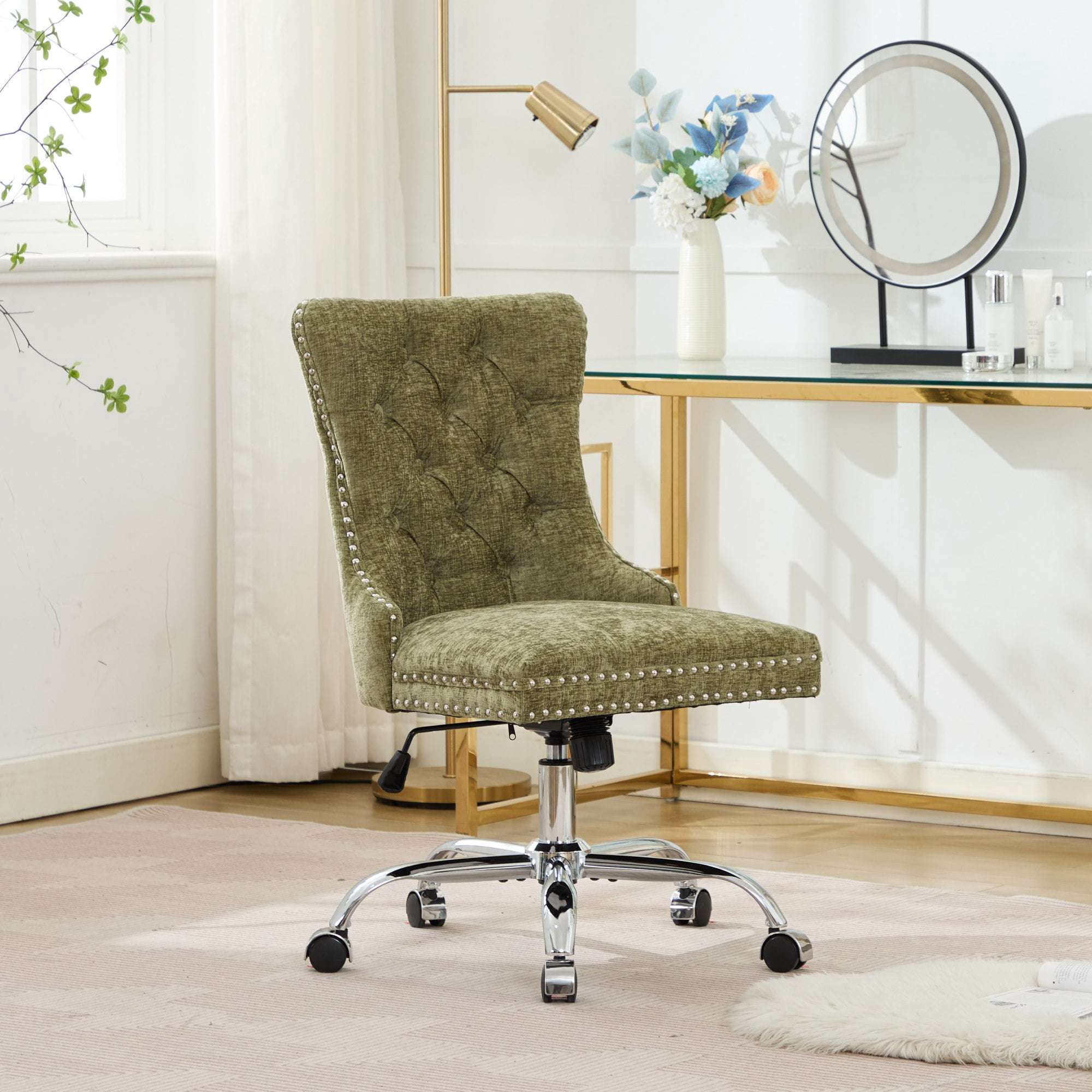 MAYEERTY Modern Chenille Office Chair - Tufted Buttons, Chrome Metal Base, Adjustable Swivel, Green