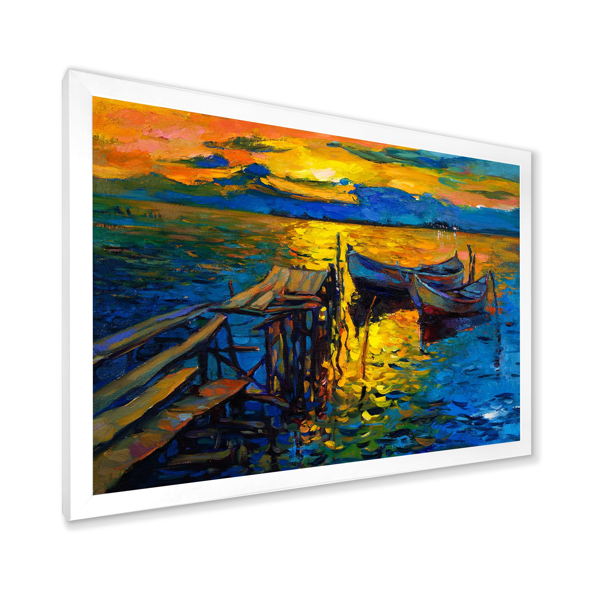 Boat At The Lake During Evening Glow II 32 in x 24 in Framed Painting Canvas Art Print, by Designart