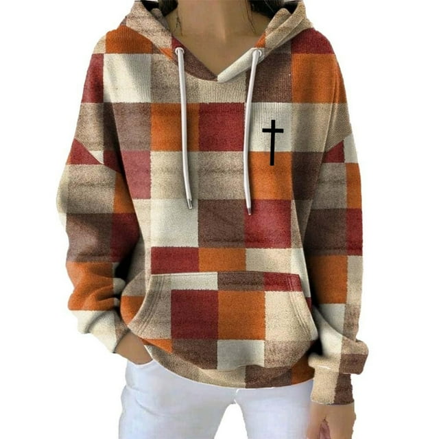 Breezora Modern Check Pattern Printed Hooded Sweatshirt For Women Autumn Winter Casual Wear Comfortable Pullover With Fashion Design XXXXL Size Red