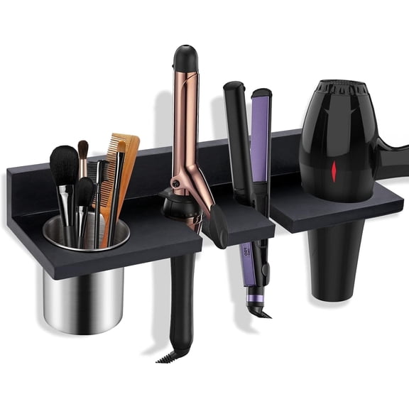 Hair Tool Organizer Wall Mounted - Wooden Dryer Holder, Blow Dryer Holder for Bathroom, Rustic Styling Tools Organizer for Flat Iron, Curling Wand, Hair Straighteners, Brushes, Black