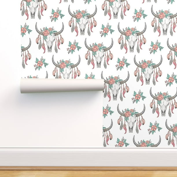 Peel & Stick Wallpaper 9ft x 2ft Cow, Skull, Boho, Longhorn, Feathers