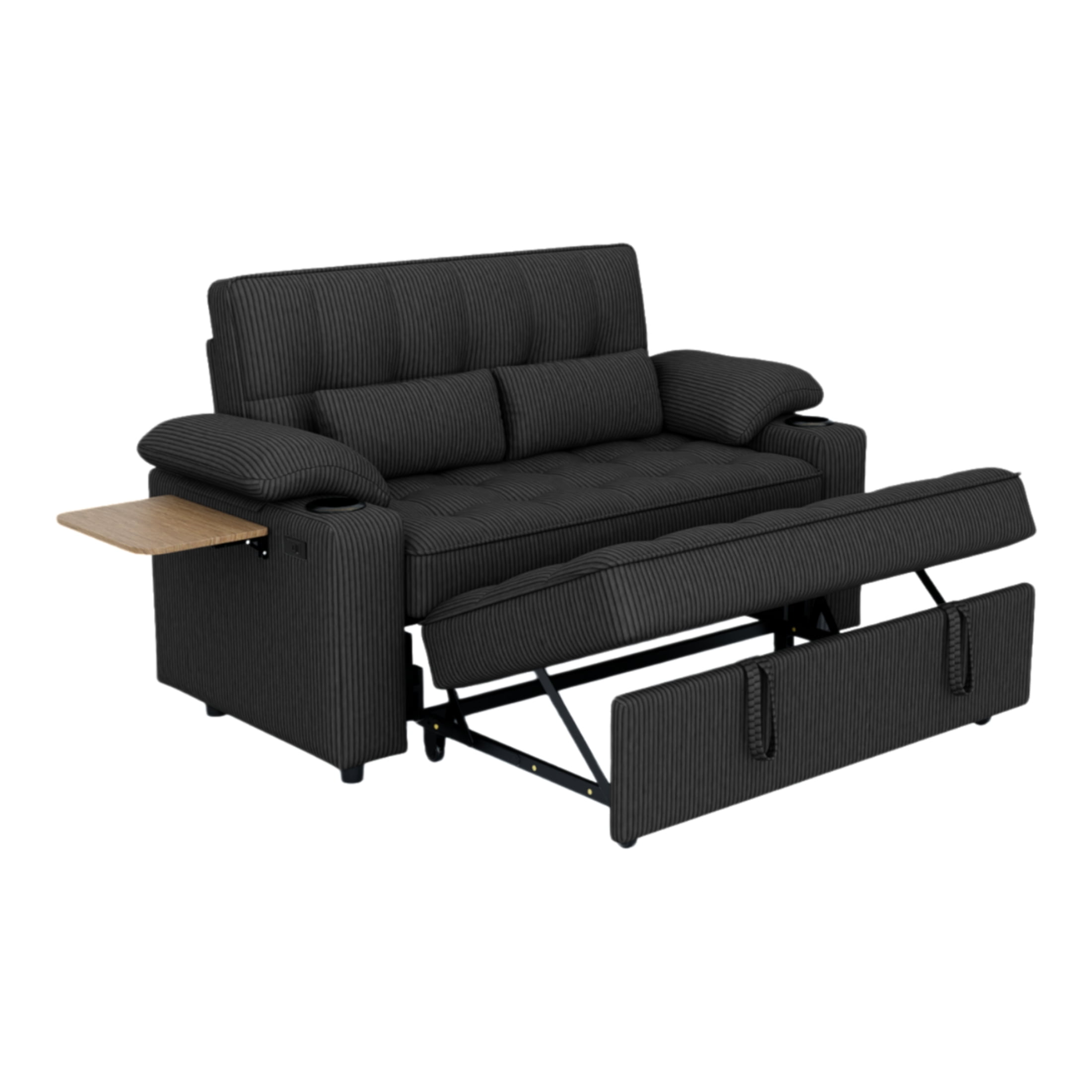 Vinform 3 in 1 Sleeper Sofa Bed, 58" Convertible Loveseat with Foldable Side Tray Table, USB Ports and Cup Holders for Apartments, Corduroy, Black