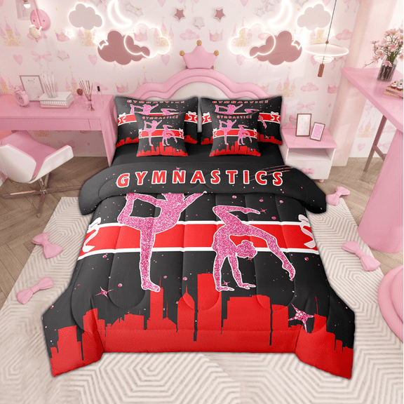 Erosebridal Little Bedding Twin Size 7-Piece Gymnastics Comforter Set, Red Black Bedding Comforter Sets Pink Dance Princess Bed in a Bag, Psychedelic Galaxy Stars Bedding Accessories Microfiber