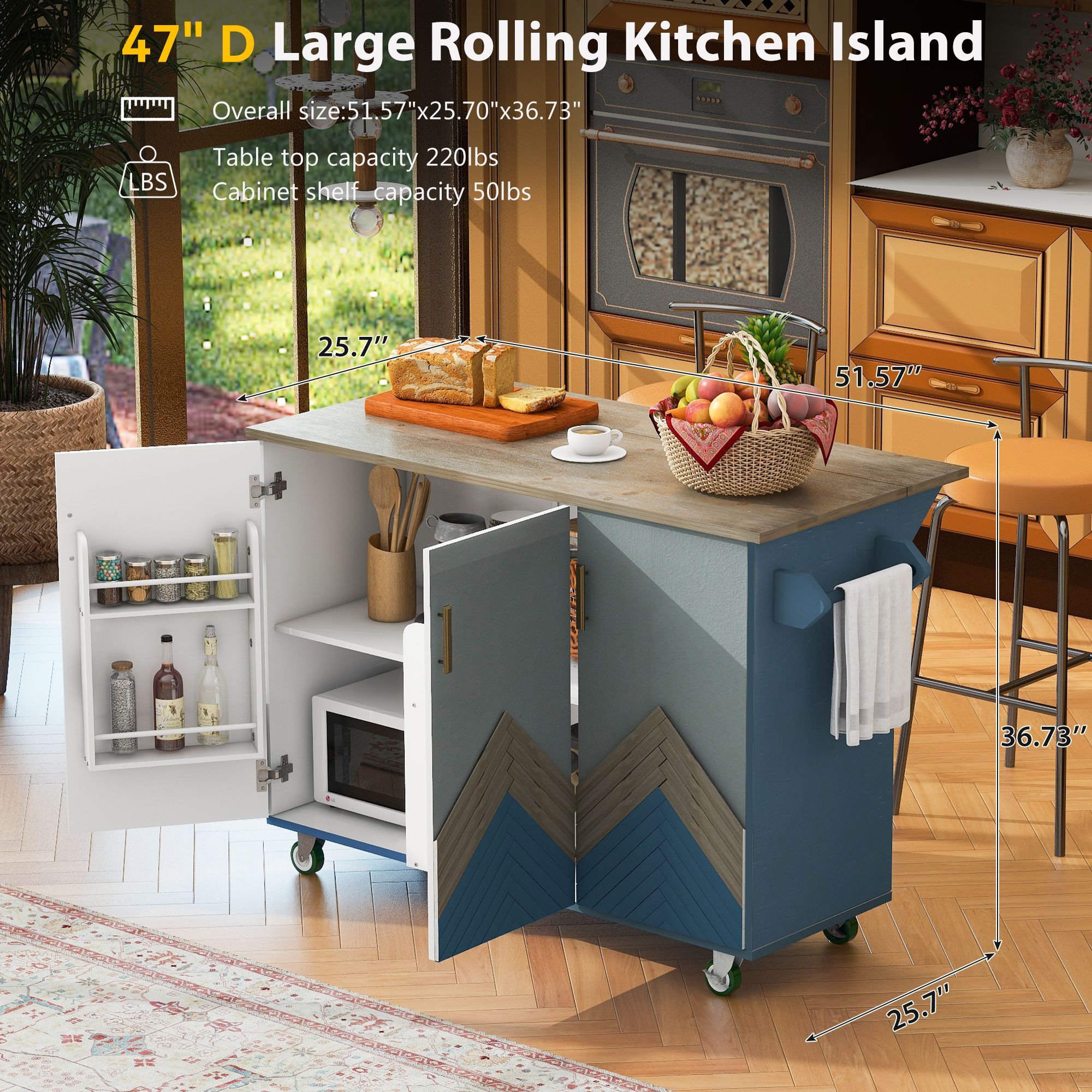 DEALTOPS 51"L Retro Mountain Wood Rolling Kitchen Island with Drop Leaf, Internal Storage Rack for Dining Room-Navy Blue