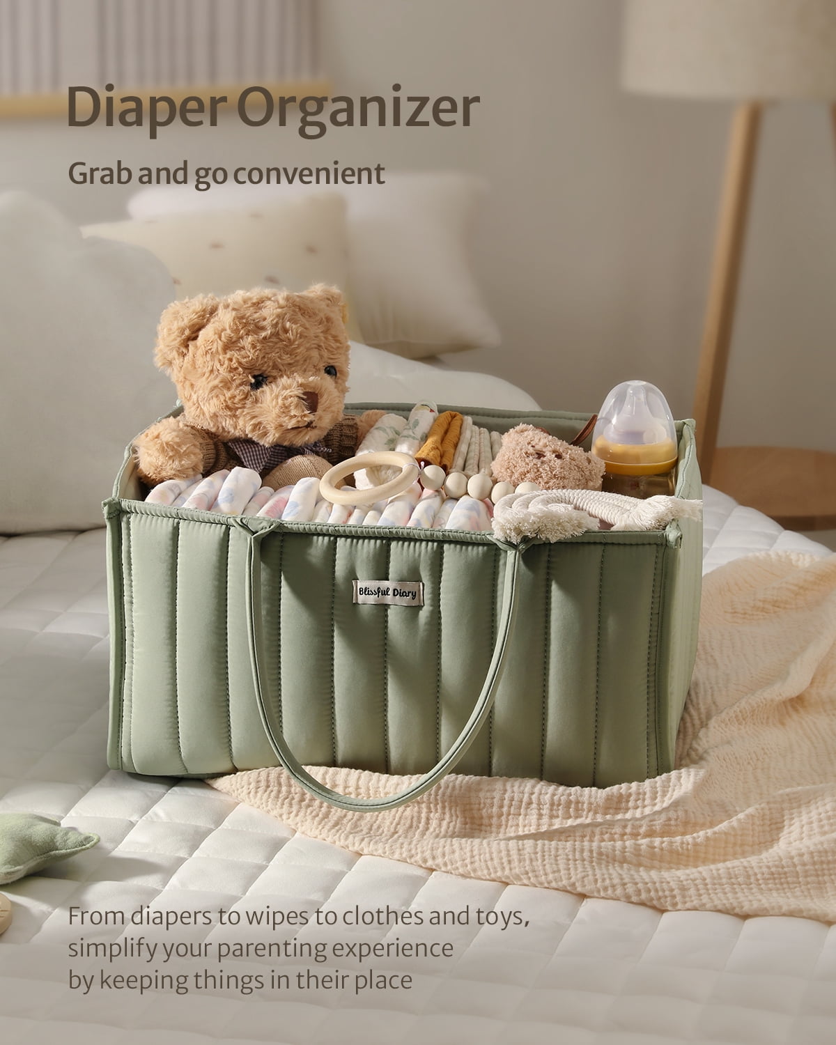 Blissful Diary Diaper Caddy Organizer,Baby Baskets for Baby Shower, Portable Nursery Changing Table Organizer, Diaper Bag, Infant Newborn Essentials Gift, Baby Registry Must Have, Sage Green