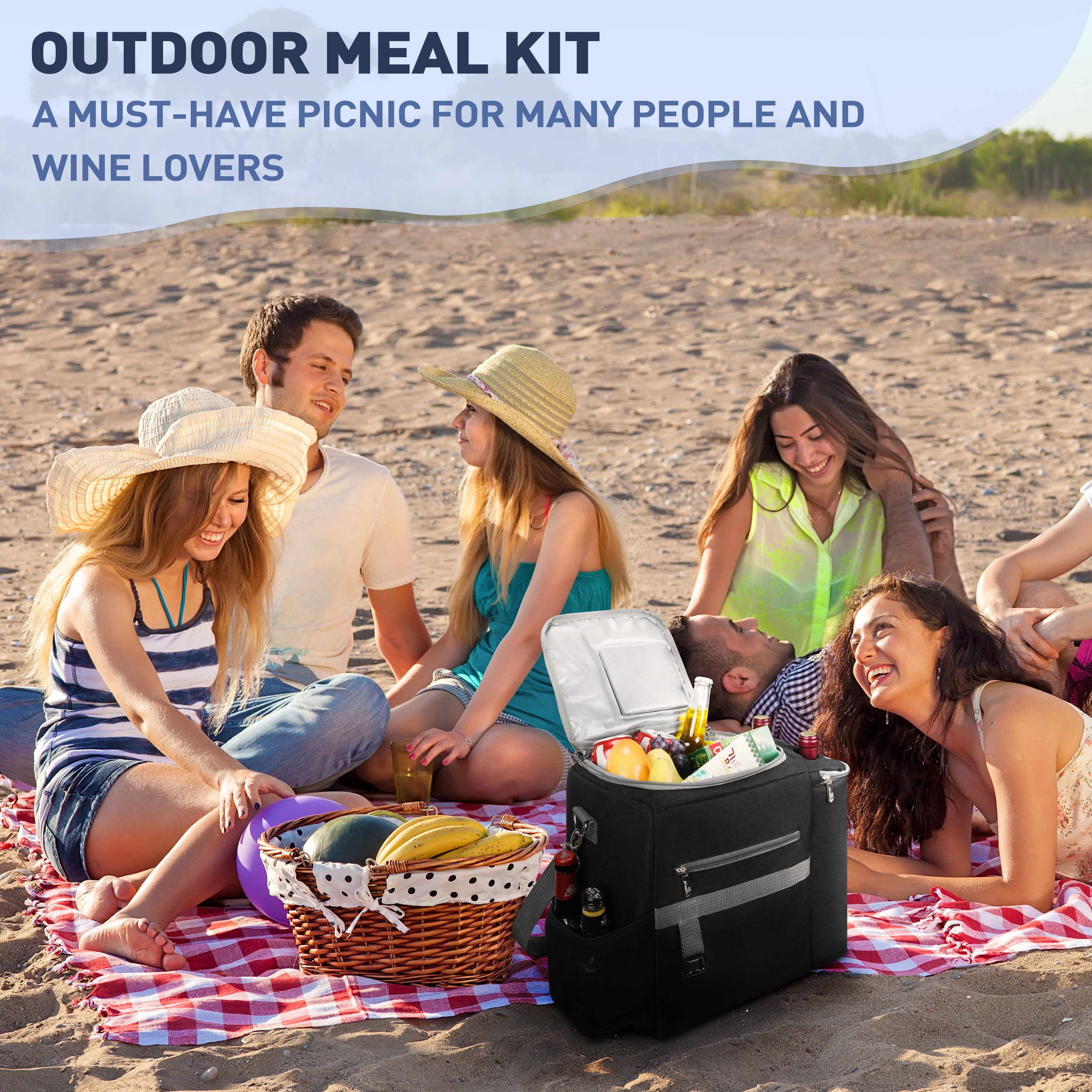 Tirrinia Large Food & Drinks Insulated Cooler Bag - 20L Leakproof Outdoor Grocery Carrier, Travel To-Go Container + Wine Tote for Picnics, Camping, Parties