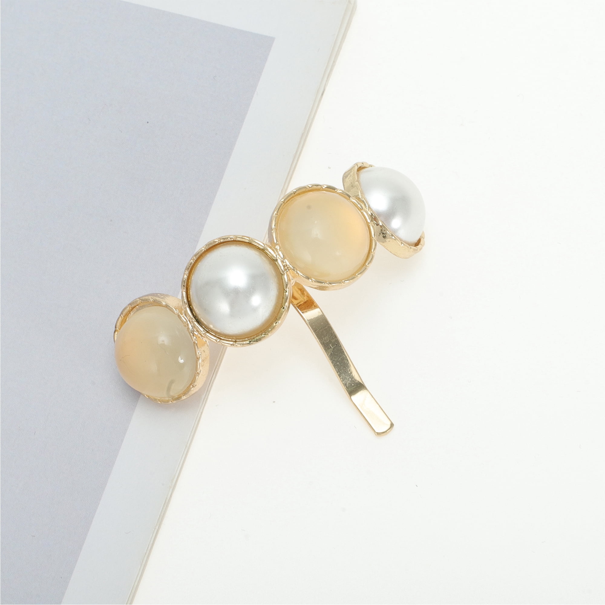 Unique Bargains Faux Pearl Ponytail Buckle Hair Clip Beige White Gold Tone