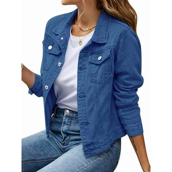 Jean Jackets for Women Basic Long Sleeve Button Down Denim Jacket Cropped Fashion Jean Jacket Dark Blue M