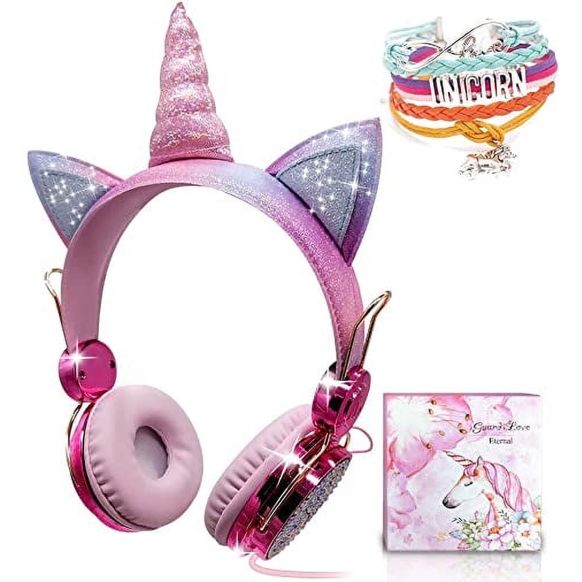 Qearfun Unicorn Kids Cat Ear Headphones for Girls Toddler Children Teens, Kids Wired Headphones with Microphone 3.5mm Jack, over on Ear Headset for School Unicorn Gift for Girls