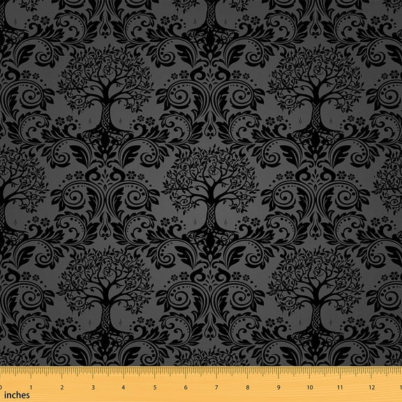 Manfei Hippie Tree of Life Sewing & Crafting Fabric (3 Yards), Victorian Damask Blossoms Home Decor Fabric by the Yard, Gray and Black DIY Fabric