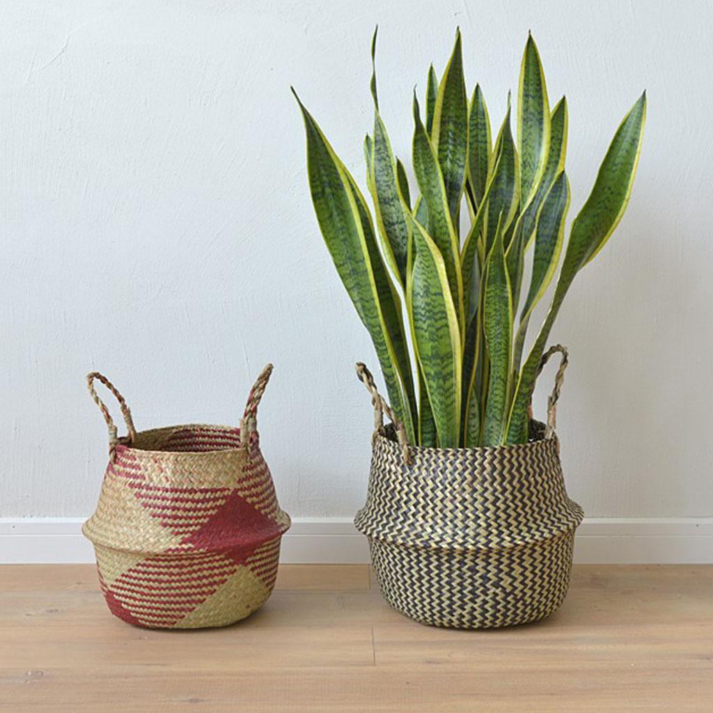 Hand Woven Rattan Wicker Grass Basket Garden Flower Vase Pot Planter Beige 