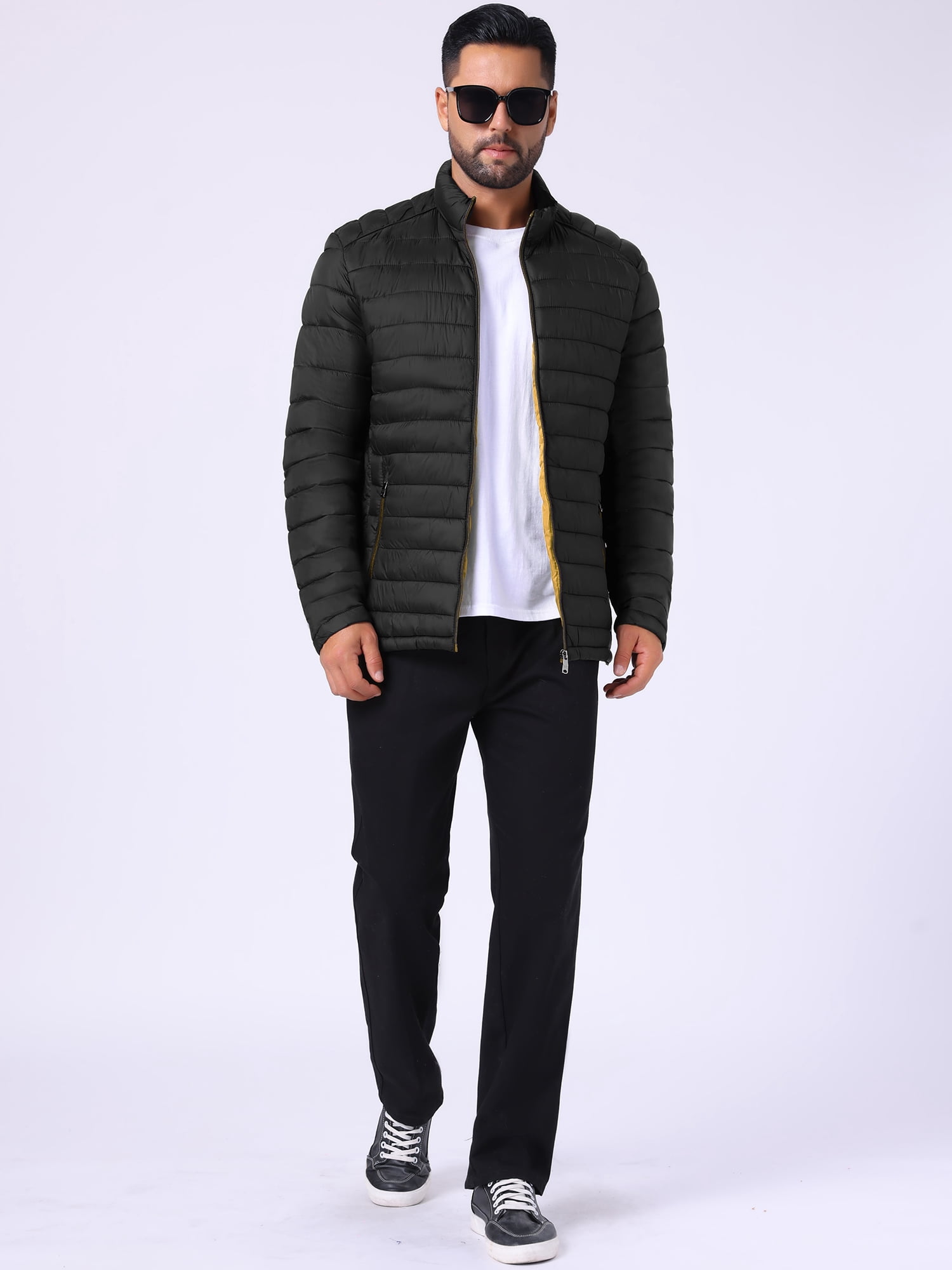 DARING DIVA Men's Winter Solid Stand Collar Zipper Quilted Puffer Jacket M Black