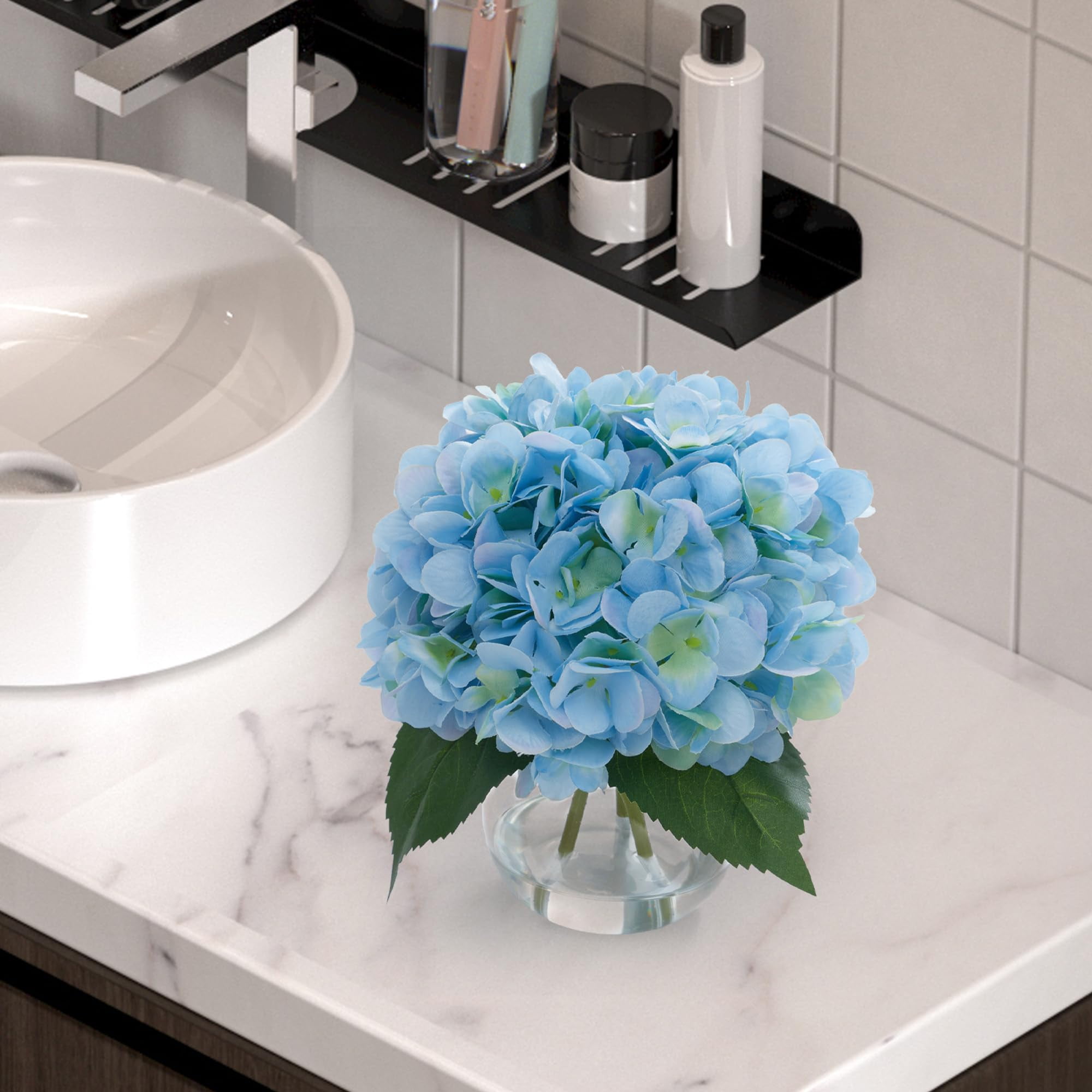 2-Pack Artificial Hydrangeas in Glass Vase with Faux Water - White & Blue Faux Flower Arrangement for Table Centerpiece, Home Office, Shelf & Bathroom Decor