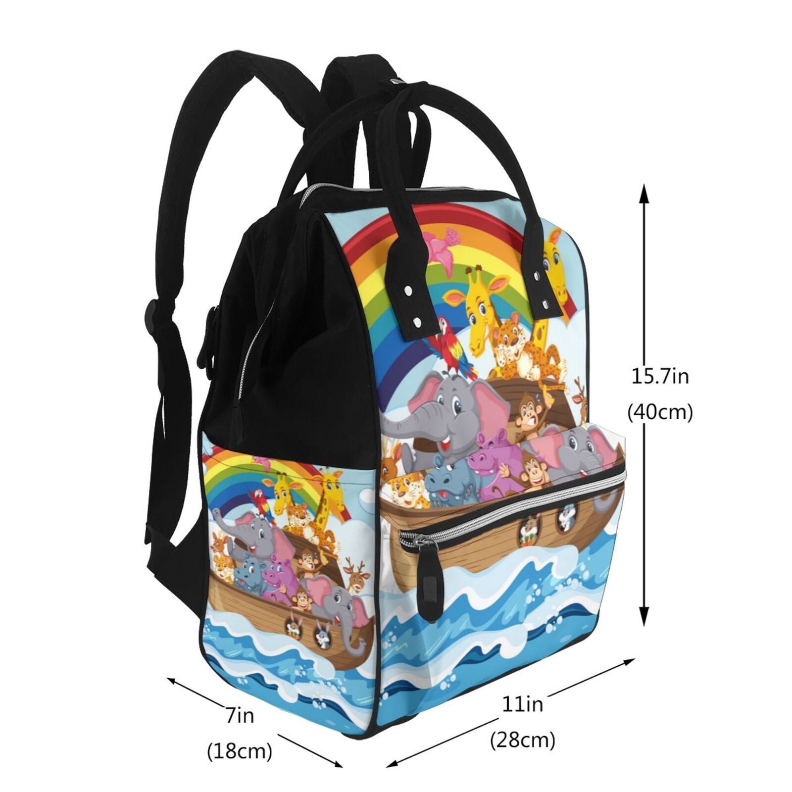 Ratiio Rainbow Animals on Noah's Ark Mummy Backpack - Waterproof Twill Canvas, Large Capacity Diaper Bag with Multiple Pockets and Adjustable Straps