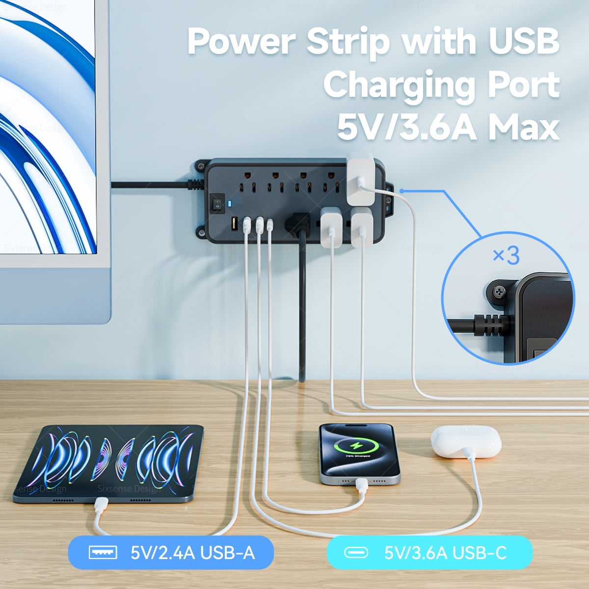 BEISHINK Extension Cord Power Board with Multiple Sockets, 4 - Foot Wire, Surge Protector, 4 USB Ports, Black