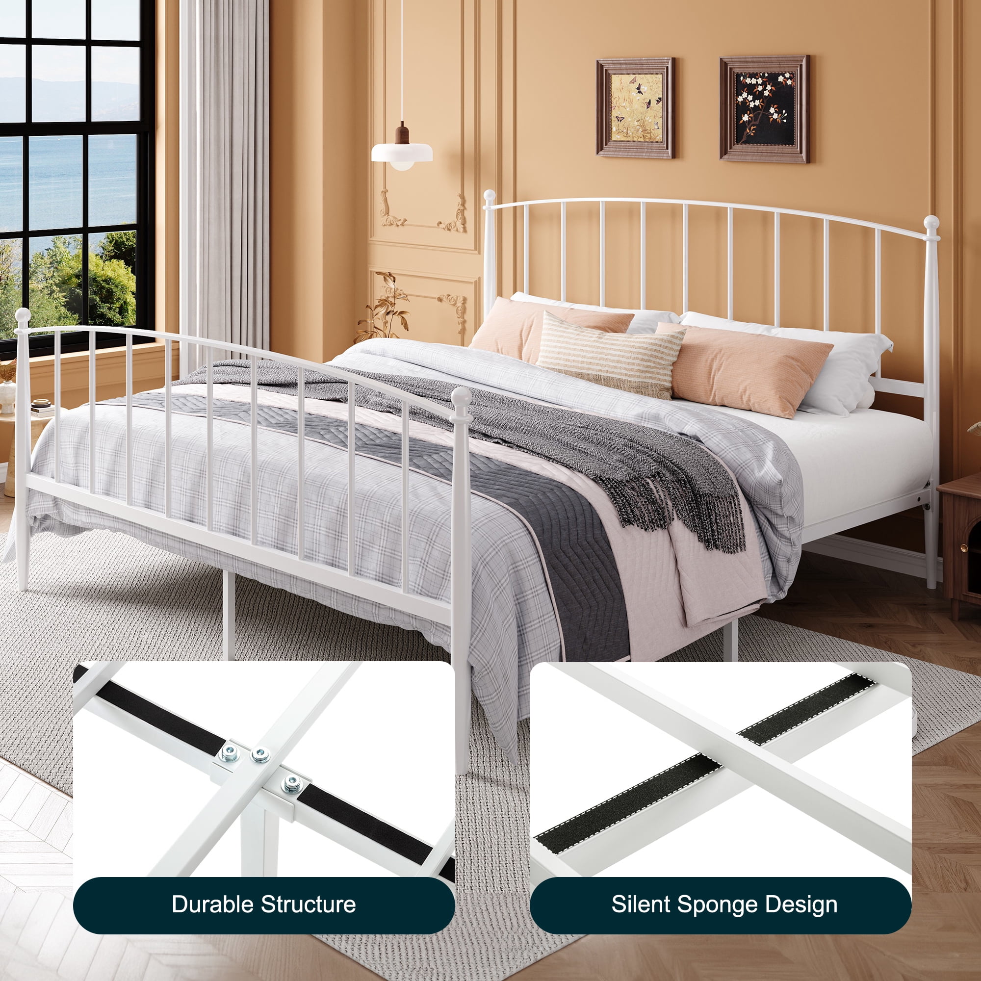 Amolife King Bed Frame, Metal Platform Bed with Curved Headboard and Footboard, Ample Under-Bed Storage Space, No Box Spring Needed, White