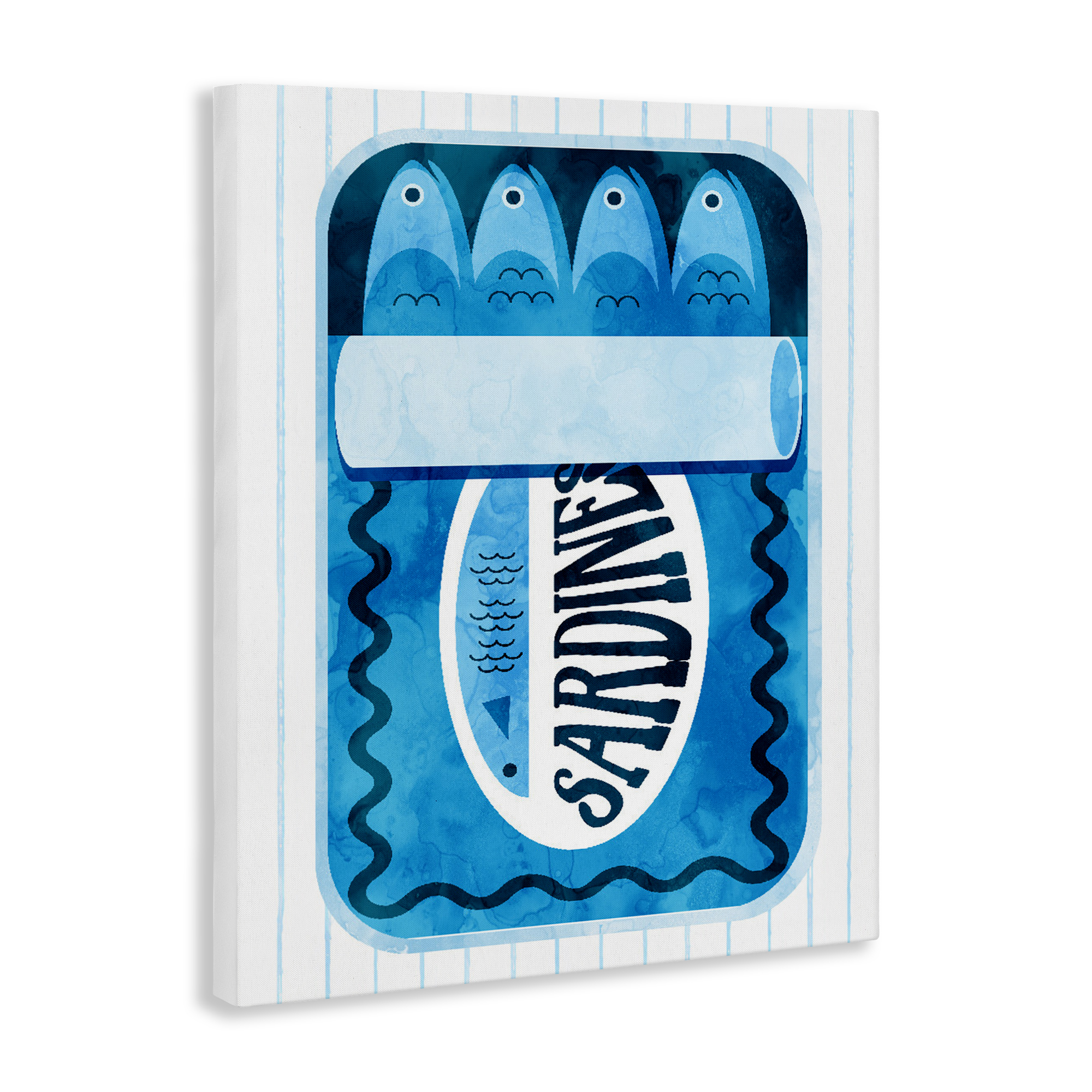 Blue Sardine Tin Over Stripes Canvas Wall Art, design by Daphne Polselli