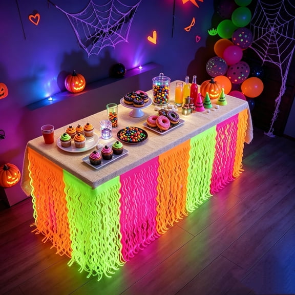 Clearance Halloween Blacklight Reactive Table Skirt, 108.27 Inch Multicolor Wavy Foil Fringe Decor, Neon Party Backdrop for Rave Birthday Wedding