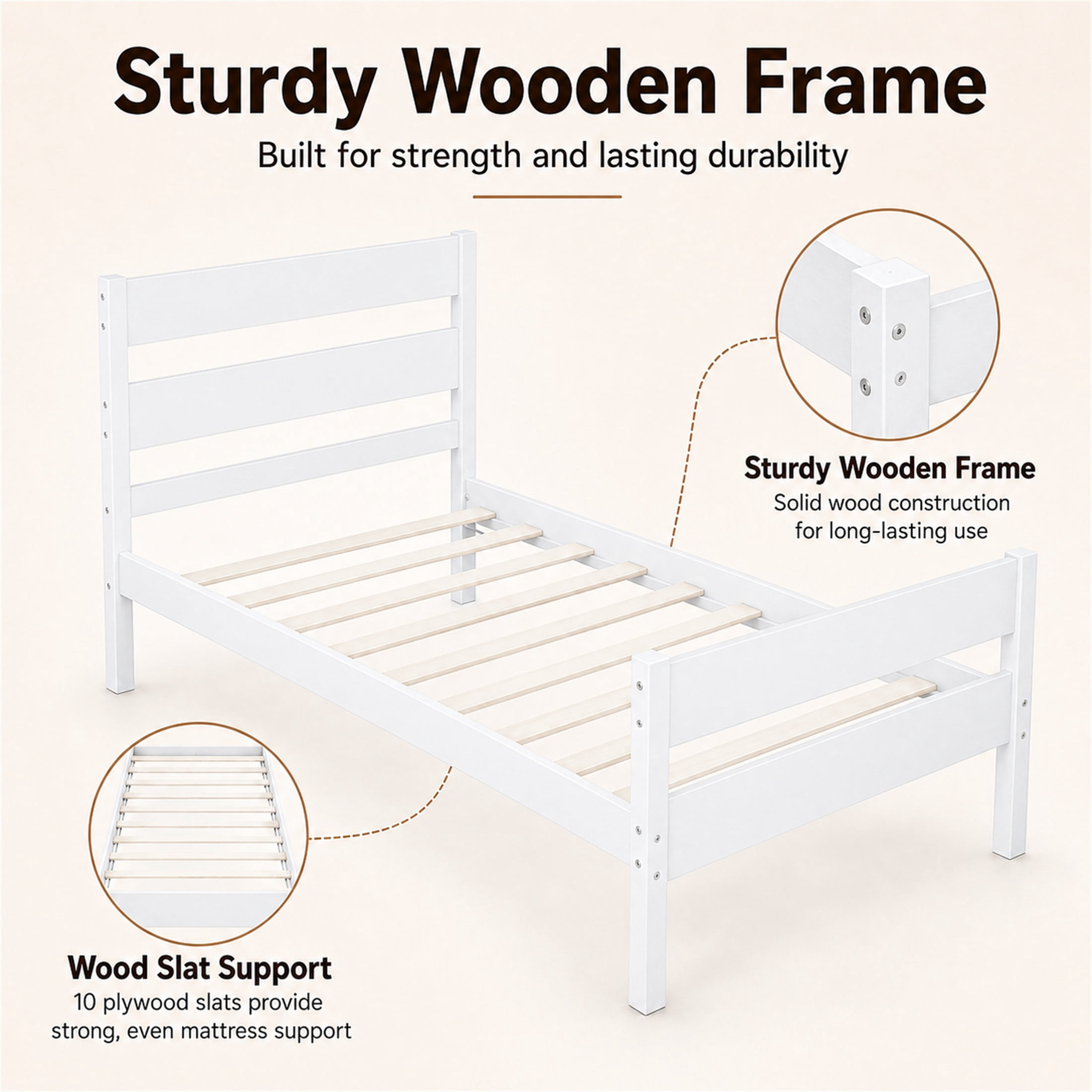 SESSLIFE Twin Bed Frame, Solid Wood Twin Platform Bed Frame with Headboard & Footboard, No Box Spring Needed with 250LBS, Easy Assembly, White