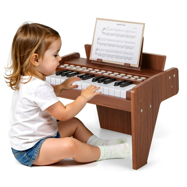 Costway Piano Numérique 25 Touches avec Support de Musique, Mode d'Enseignement, Touches Lumineuses, Vitesse Réglable Brun