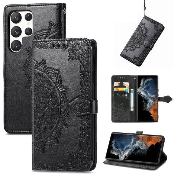 Allytech for Samsung Galaxy S24 Ultra Wallet Case, Luxury PU Leather with Embossed Pattern, Magnetic Clasp Kickstand Card Cash Slots Shockproof Slim Flip Case with Hand Strap for Women Men - Black