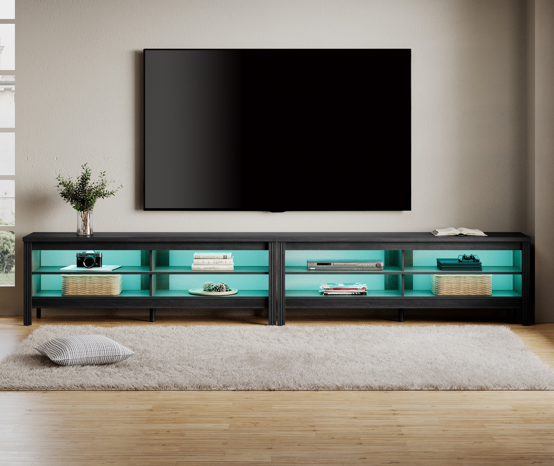 Farmhouse TV Stand for 100 inch TV Entertainment Center Wood TV Media Console Table with RGB LED Light for 80/85/90 inch TV with 8 Storages for Living Room Bedroom, Black