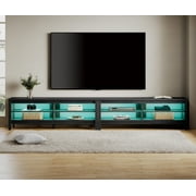 Farmhouse TV Stand for 100 inch TV Entertainment Center Wood TV Media Console Table with RGB LED Light for 80/85/90 inch TV with 8 Storages for Living Room Bedroom, Black
