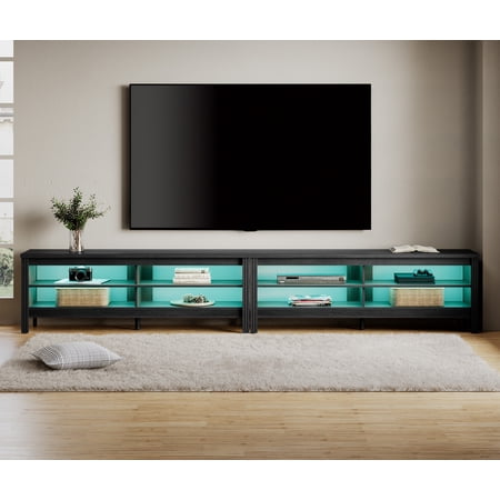 Farmhouse TV Stand for 100 inch TV Entertainment Center Wood TV Media Console Table with RGB LED Light for 80/85/90 inch TV with 8 Storages for Living Room Bedroom, Black