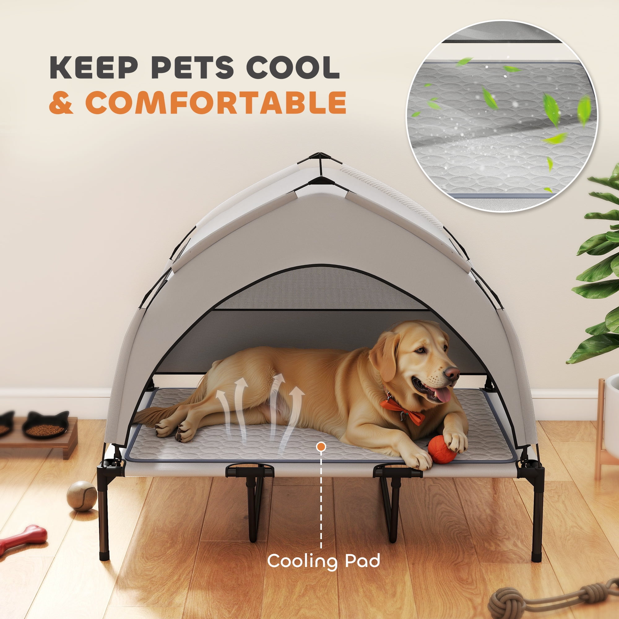PawHut Elevated Dog Bed, Portable Raised Pet Bed with Removable Canopy, Cooling Pad, Storage Bag, Outside Pet Cot for Large Dogs, 42" x 30" x 37"