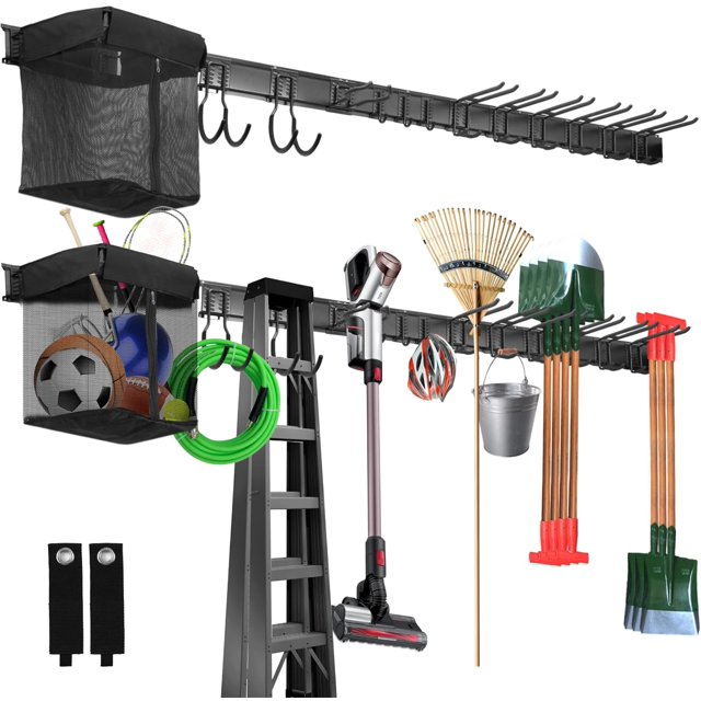 Tool Organizer Wall Mount Garage Storage Wall Organizer Garden Tool Storage Rack with PC fabric bag holder with Hooks with Straps use for Ski Gears Rake Shovel Yard Tool