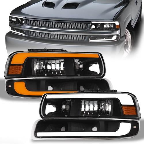 Switchback Sequential For 1999-2002 Silverado Black Headlights Bumper w/LED Bar