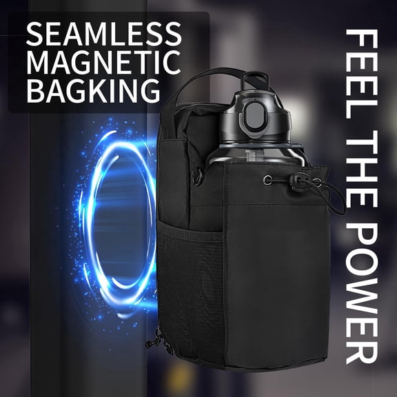 Magnetic Water Bottle Pouch  - Universal Large Capacity Bottle Bag for Gym & Fitness, Waterproof Fabric with Adjustable Strap, Black