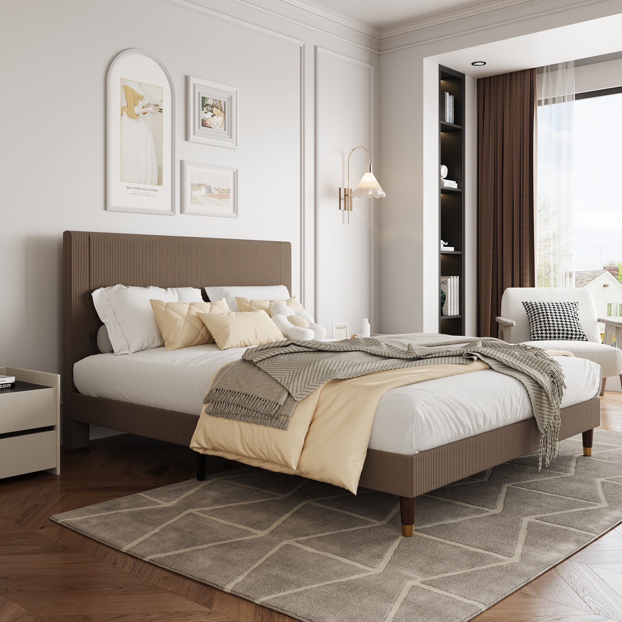Noise-Free Platform Bed, Queen - Corduroy Upholstered Headboard & Wood Slat Support, Modern Low Profile Design