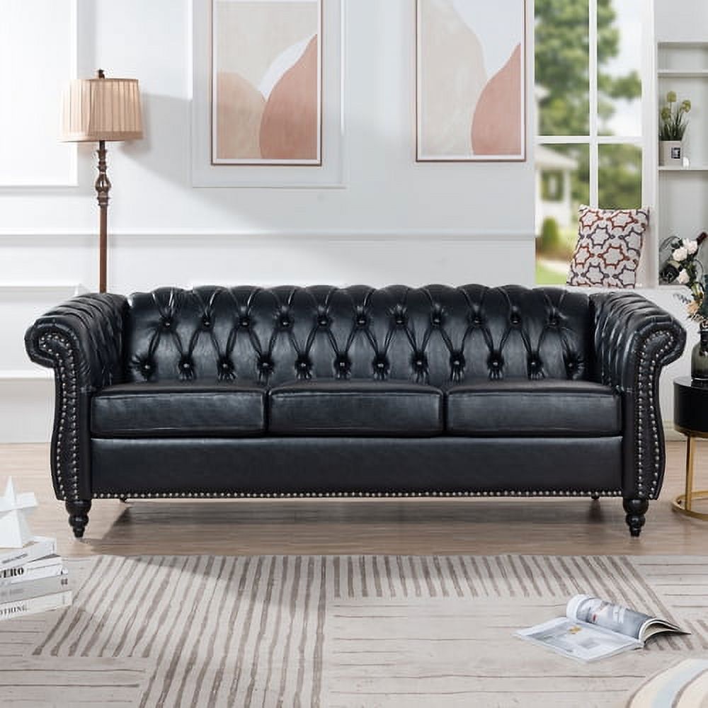 Chesterfield Sofa Set, PU Leather, Black, 3 Piece Wood