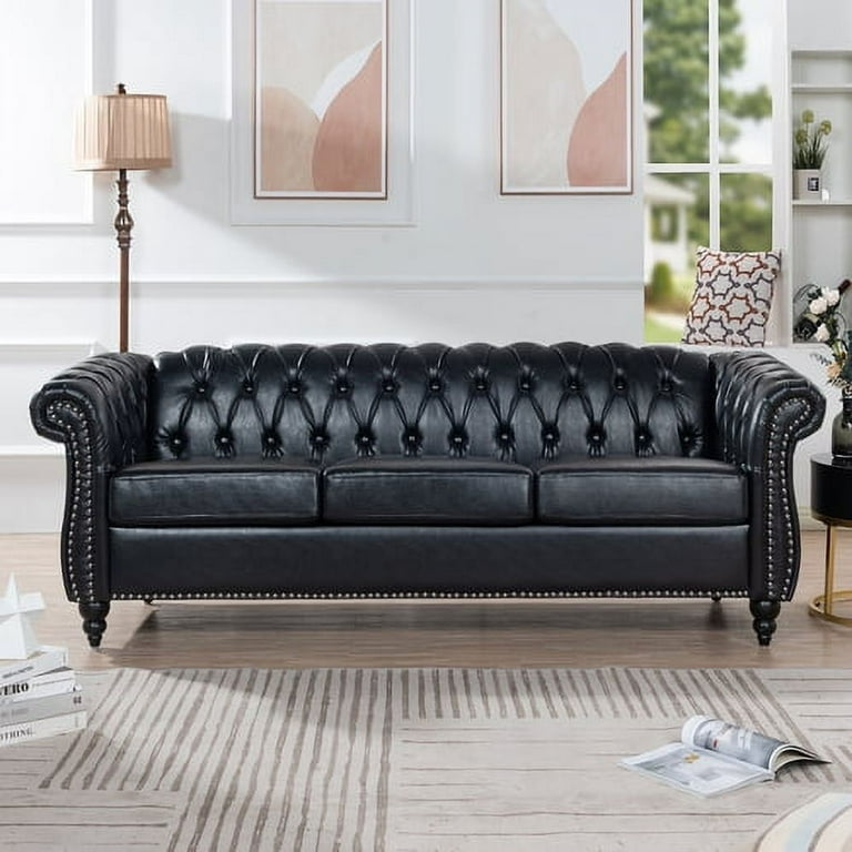 Rolled Arm Chesterfield Sofa Set 3 Piece PU Leather Upholstered