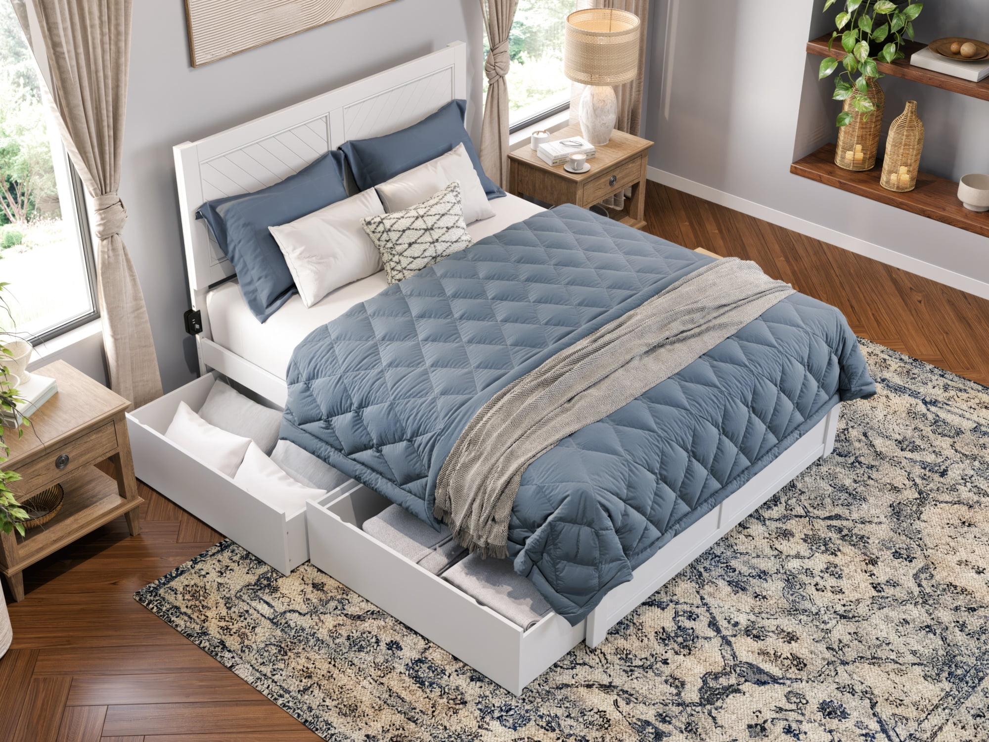 AFI Canyon White Solid Wood Platform Bed with Footboard & Set of 2 Storage Drawers, Queen