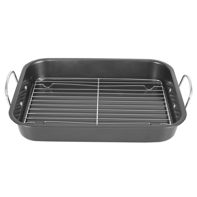 Basic Essentials Simple Roaster Pan with drop down handles and V-Rack  16x12x3